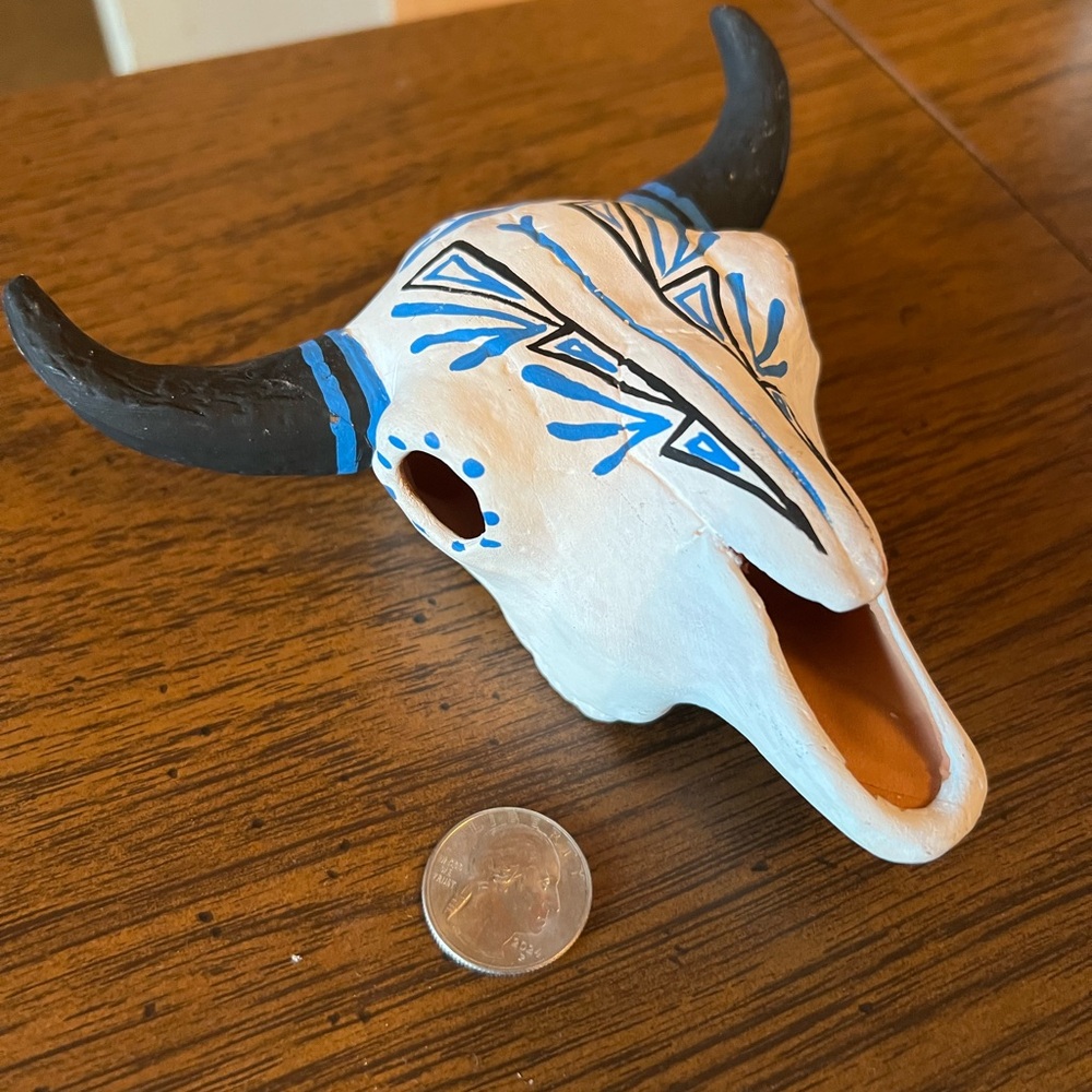 Ceramic Bull Skull with Blue and Black Design